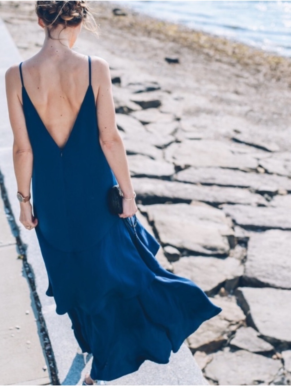 Keepsake Mercy Navy Maxi Dress S Low Back Layered Slip Cocktail Formal